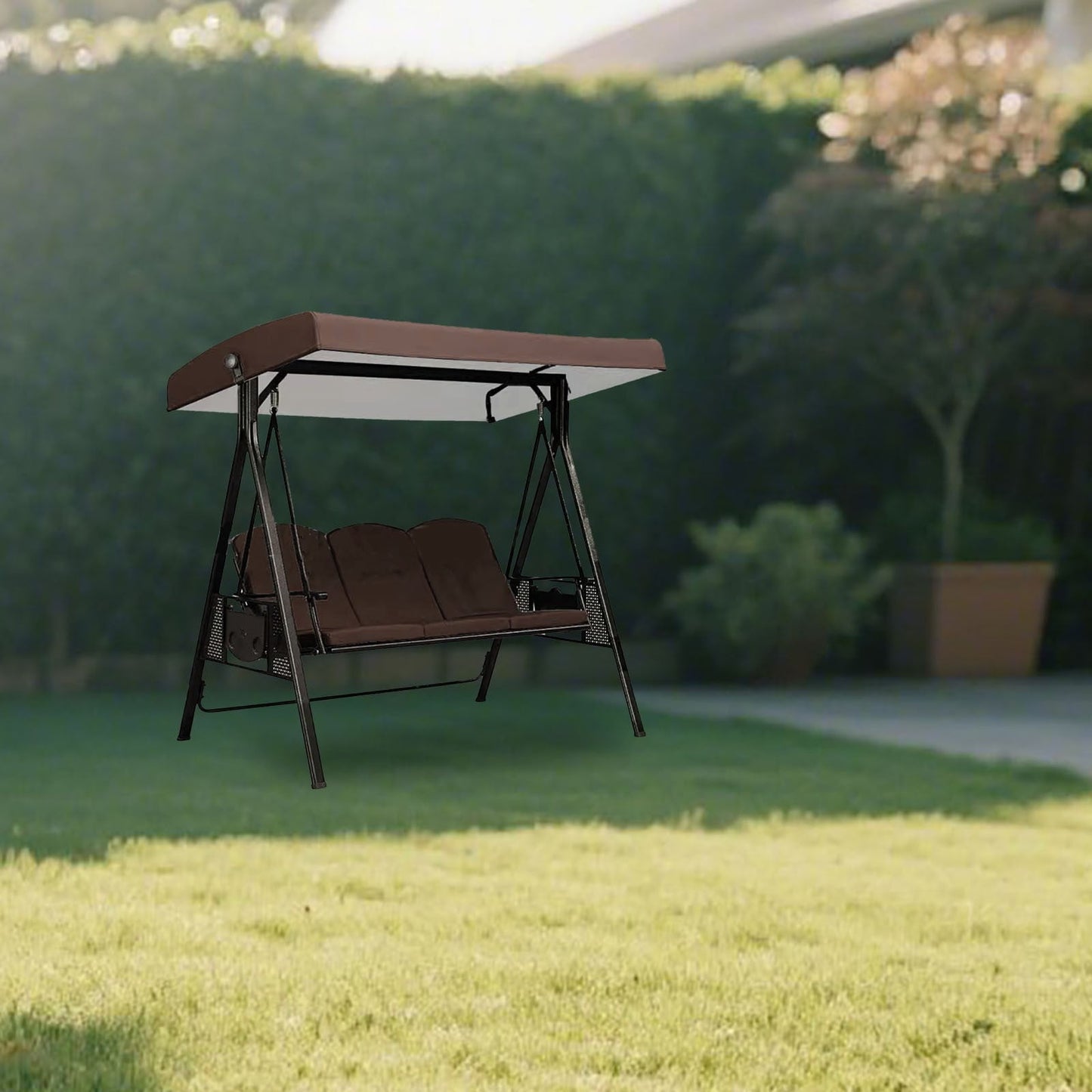 3-Seat Outdoor Patio Porch Swing with Adjustable Tilt Canopy (Excluding iron frame chairs Cushions and Pillow）Black