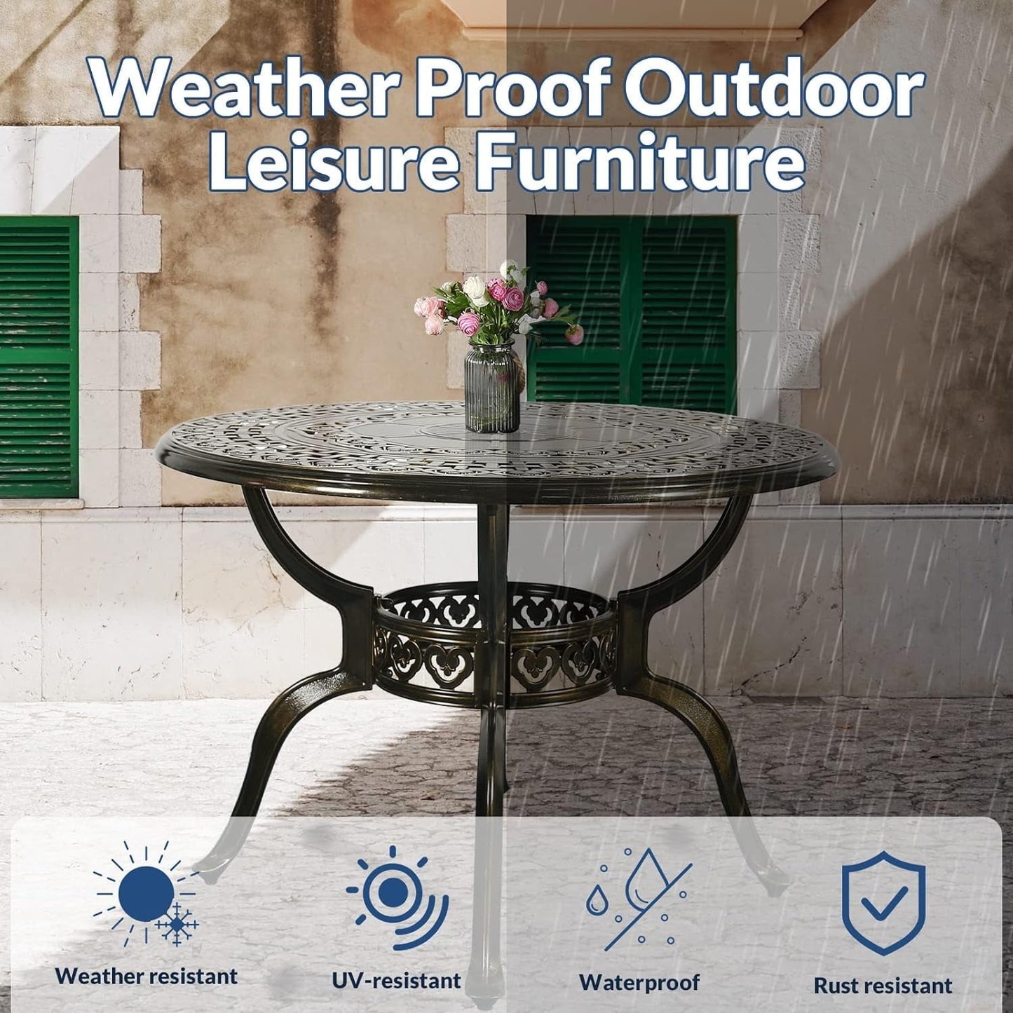 38.5 Inch Outdoor Dining Table Round Patio Table Bronze Cast Aluminum Rustic Large Table with Umbrella Hole