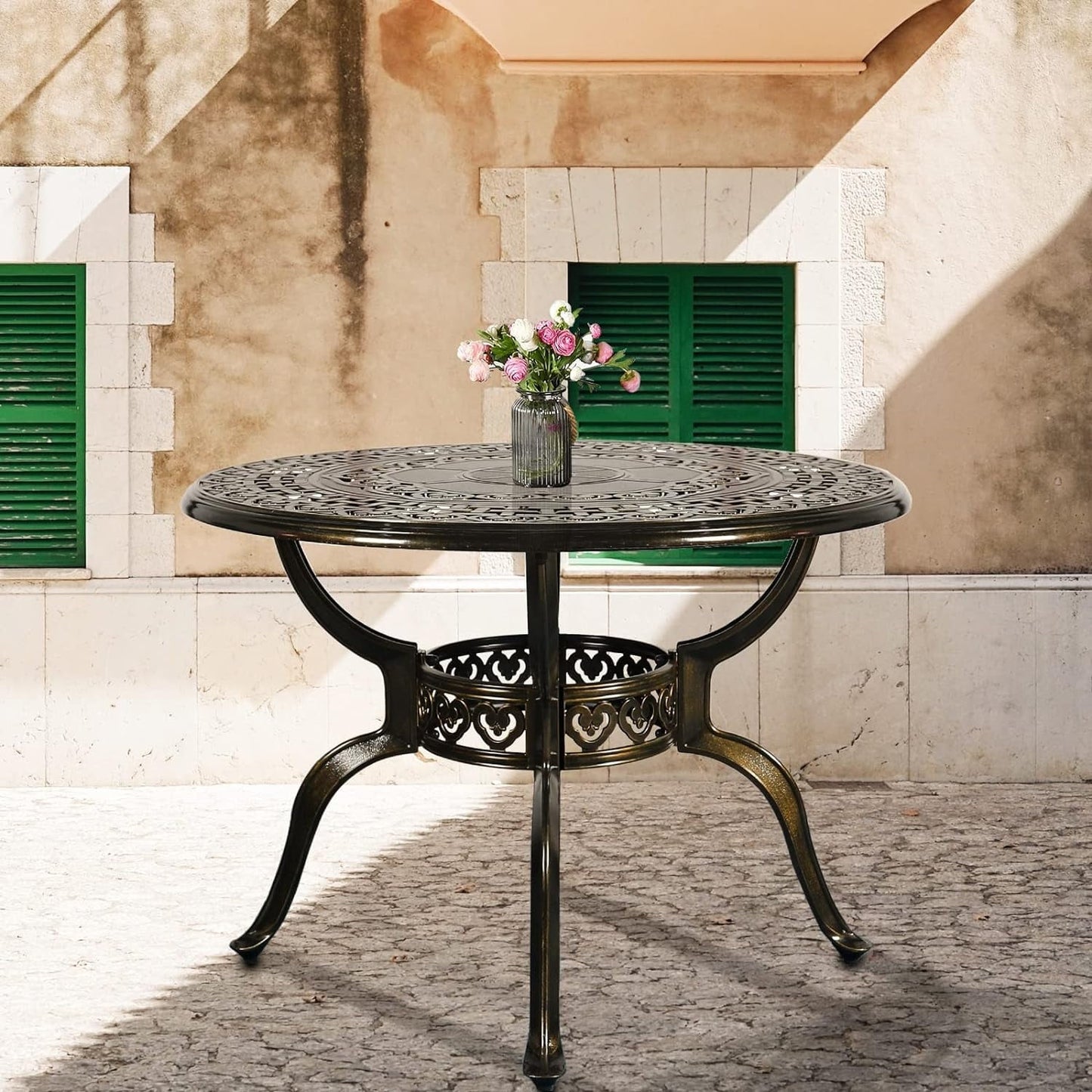 38.5 Inch Outdoor Dining Table Round Patio Table Bronze Cast Aluminum Rustic Large Table with Umbrella Hole