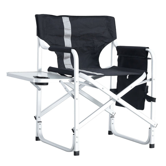 1-piece Padded Folding Outdoor Chair with Side Table and Storage Pockets; Lightweight Oversized Directors Chair for indoor; Outdoor Camping; Picnics and Fishing; Black/Grey Black+ Gray