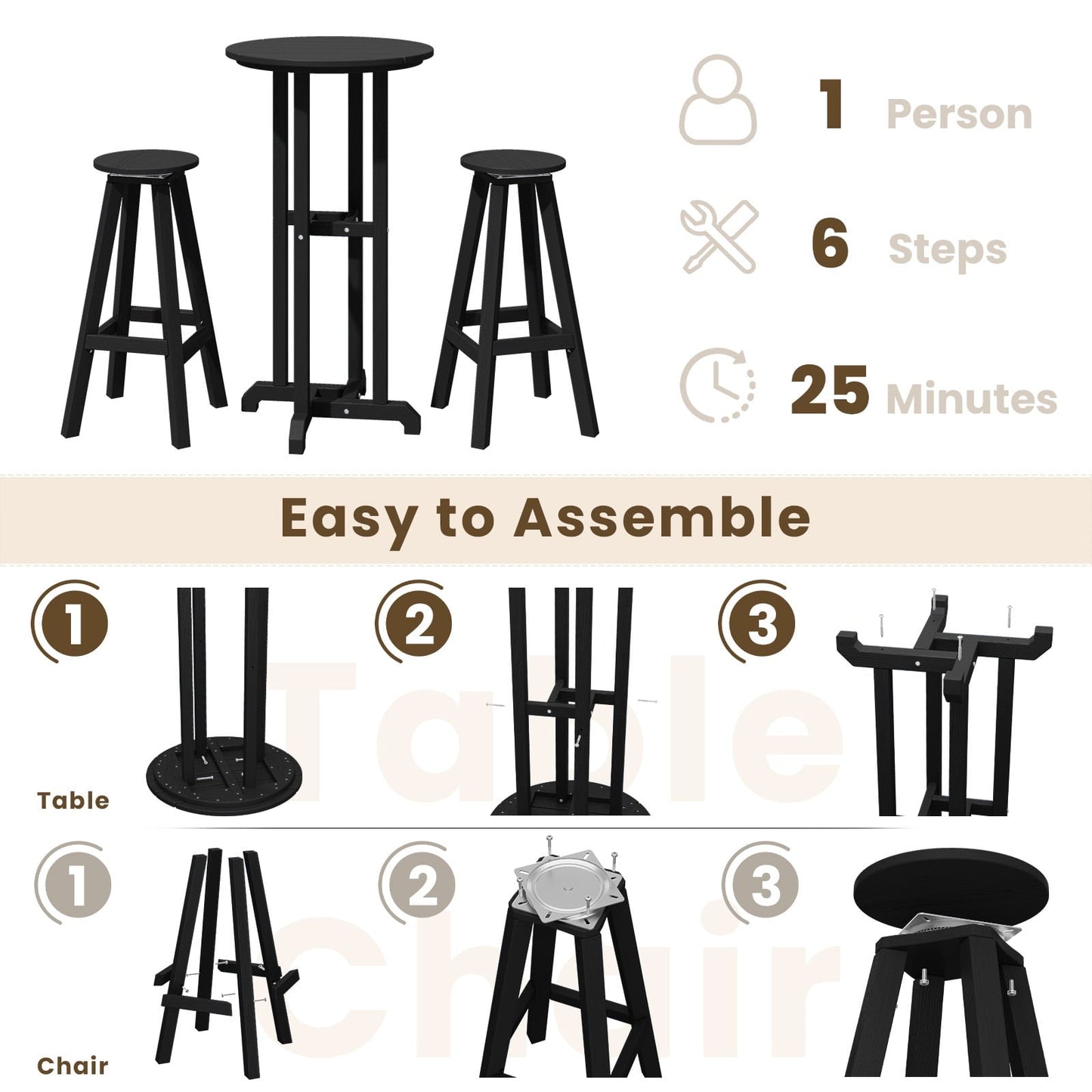 3-Piece Outdoor Bar Set – Weather-Resistant HDPE Bistro Furniture with Bar-Height Table & 2 Swivel Stools for Patio, Poolside, or Indoor Use,Black