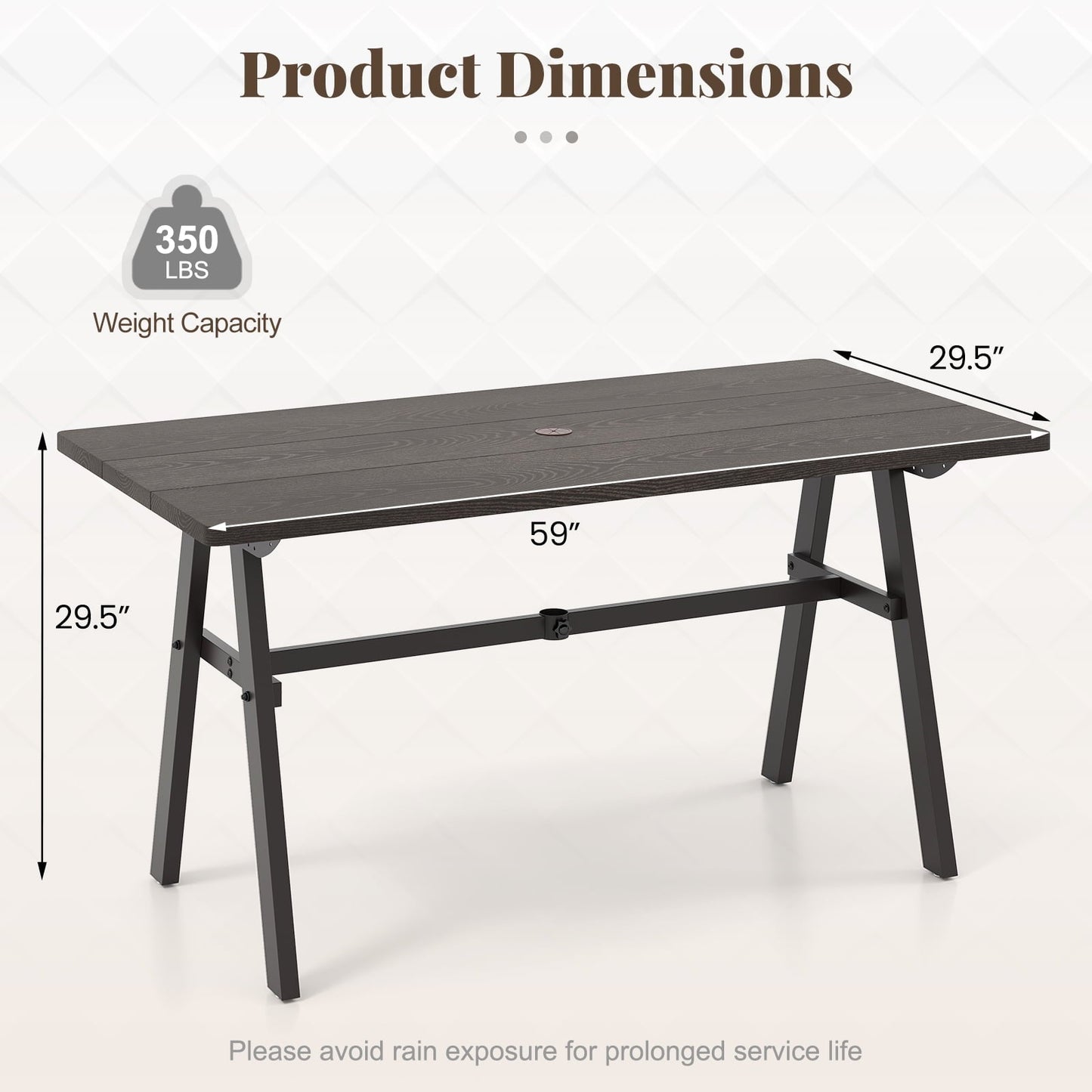 Gymax 59'' x 29.5'' Rectangle Rustproof Patio Dining Table w/ 1.93'' Umbrella Hole