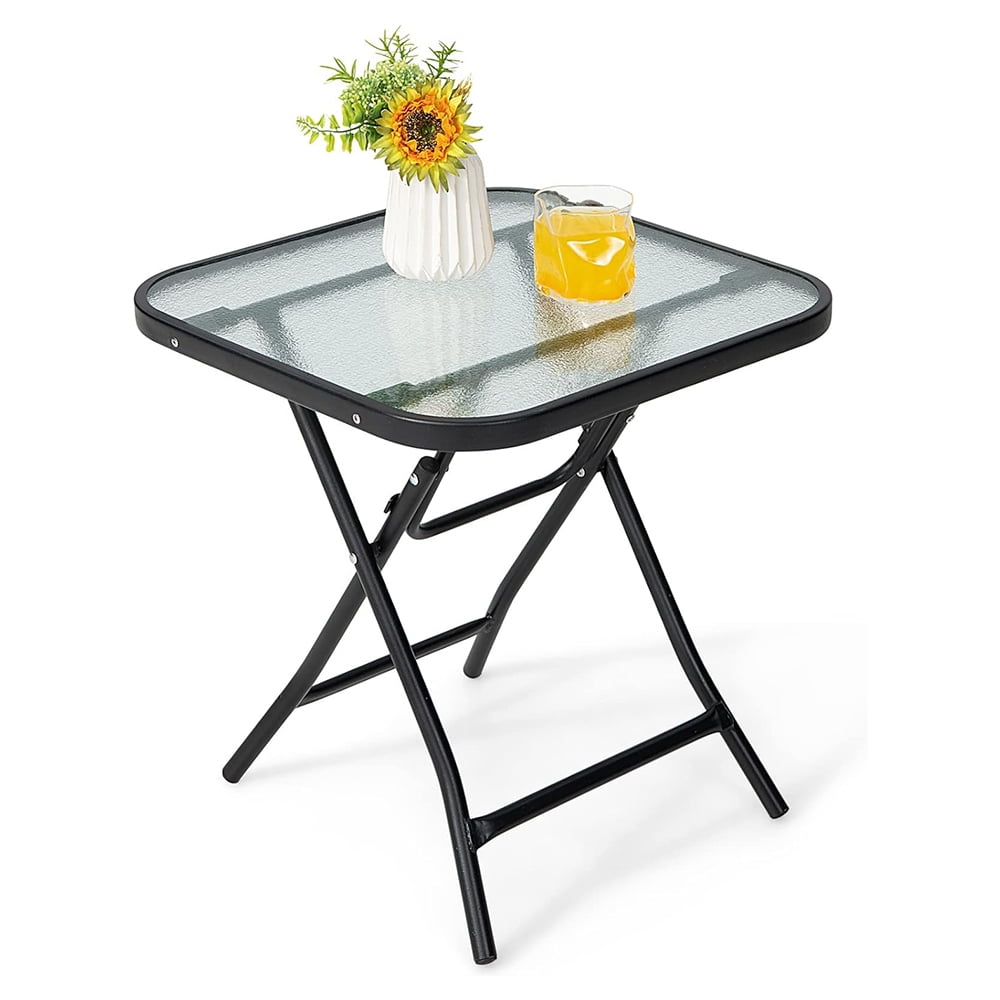 18” Folding Square Glass Side Table, Portable Patio Bistro Coffee Table with Tempered Glass Tabletop, Solid Steel Structure for Yard, Lawn, Garden