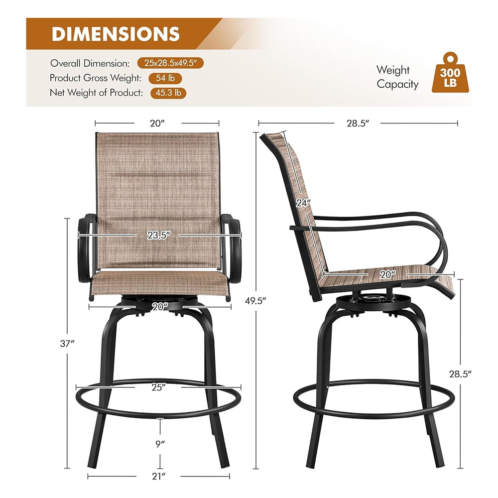 2 Piece Patio Swivel Bar Stools Bistro Chairs with High Armrest/Back/Footrest, All Weather Padded Seating Outdoor Furniture Chairs for Yard, Lawn & Garden, Black/Brown