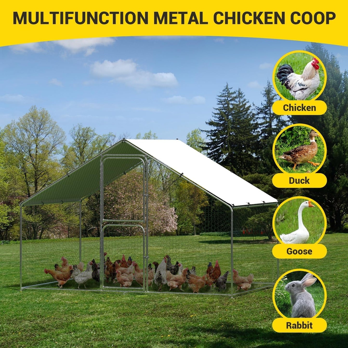Danolapsi Large Metal Chicken Coop Run for Waterproof and Anti-UV Roof Cover,Outdoor Walk-in Cage Peak Hen House for Yard Farm