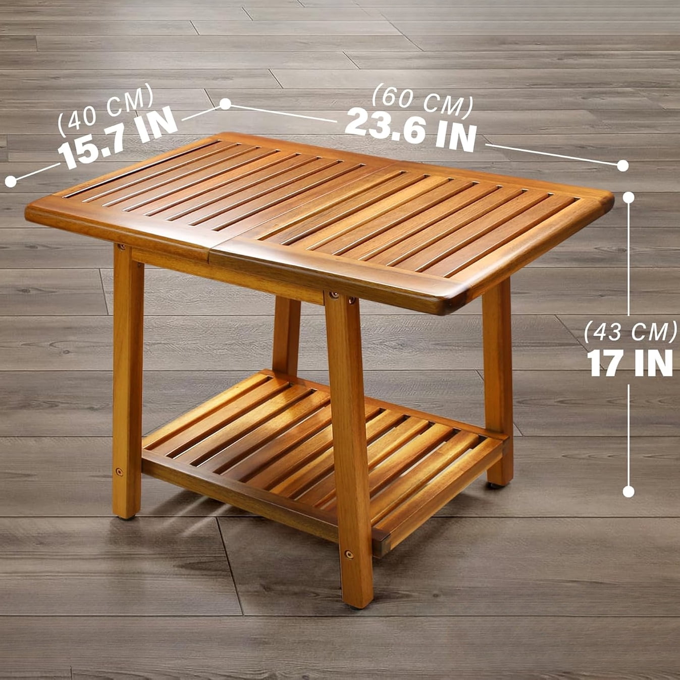 24 inch outdoor side table, 2-story sturdy terrace, weather resistant side table, strong stability, suitable for terraces, swimming pools, porches, teak veneer