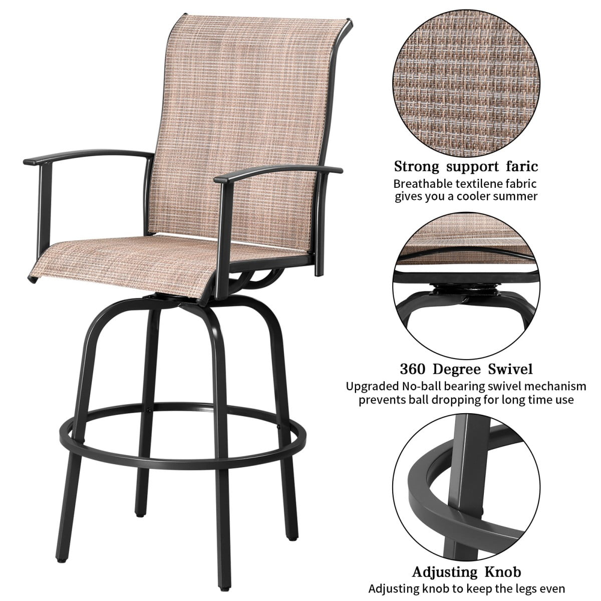 IVV Outdoor Bar Chairs Set of 2, Swivel Patio Barstools with Textilene Fabric, All Weather Use, Ergonomic Comfort Bar Height Tall Outdoor Stools for Balcony (Black)