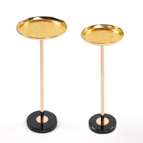 2 Pcs Adjustable Side Table, Small Tea Martini Table, Gold, Natural Marble Decorative Pedestal End Table for Display and Storage