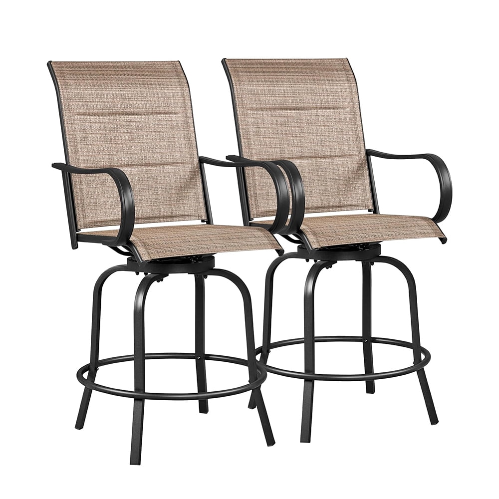 2 Piece Patio Swivel Bar Stools Bistro Chairs with High Armrest/Back/Footrest, All Weather Padded Seating Outdoor Furniture Chairs for Yard, Lawn & Garden, Black/Brown