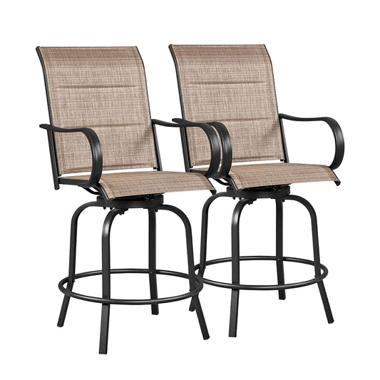 2 Piece Patio Swivel Bar Stools Bistro Chairs with High Armrest/Back/Footrest, All Weather Padded Seating Outdoor Furniture Chairs for Yard, Lawn & Garden, Black/Brown