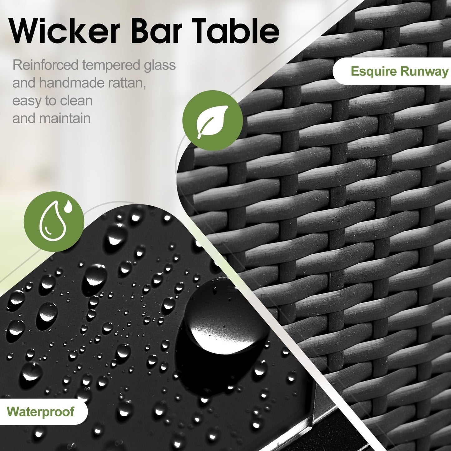 HiiKaa Large Outdoor Kitchen Wicker Island,Rolling Cart & Patio Bar Table with Wheels and Black Glass Table Top for Backyard,Poolside,Black