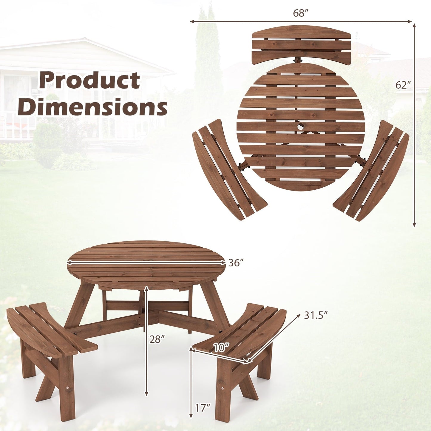 Gymax 6-Person Round Picnic Table Set w/ 3 Built-in Benches 2'' Umbrella Hole Brown