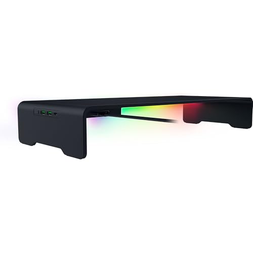 Razer Monitor Stand Chroma: 4 Port Hub - USB A 3.2, USB C 3.2, HDMI 2.0 - Ergonomic Height - Durable Aluminum Supports Up to 44 lbs - Organize Storage Shelf - Remappable RGB Buttons - Chroma RGB