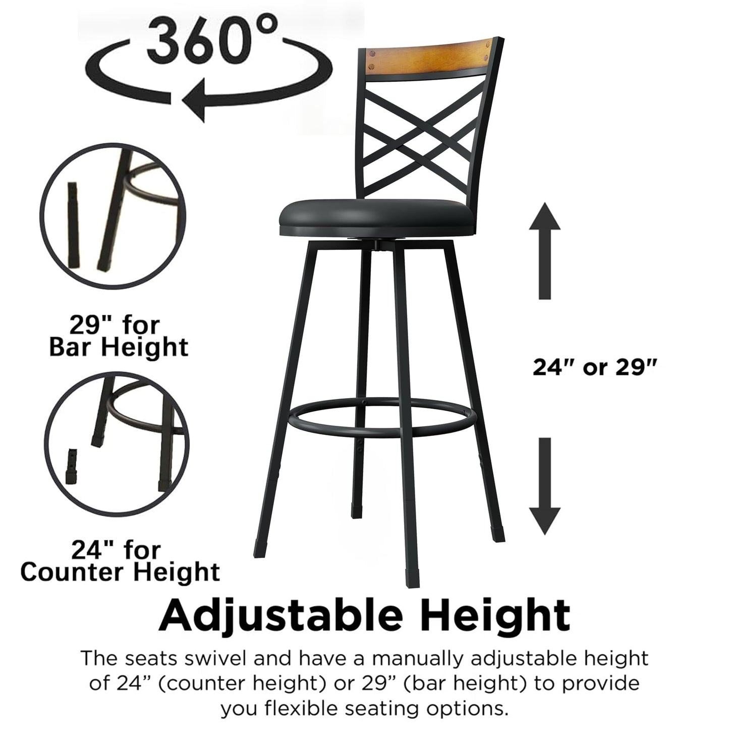 BOSHIRO Swivel Bar Stools Set of 2, 24–29” Adjustable Height Leather Kitchen Counter Chairs, 360° Rotation, Antique Bronze Frame, Black