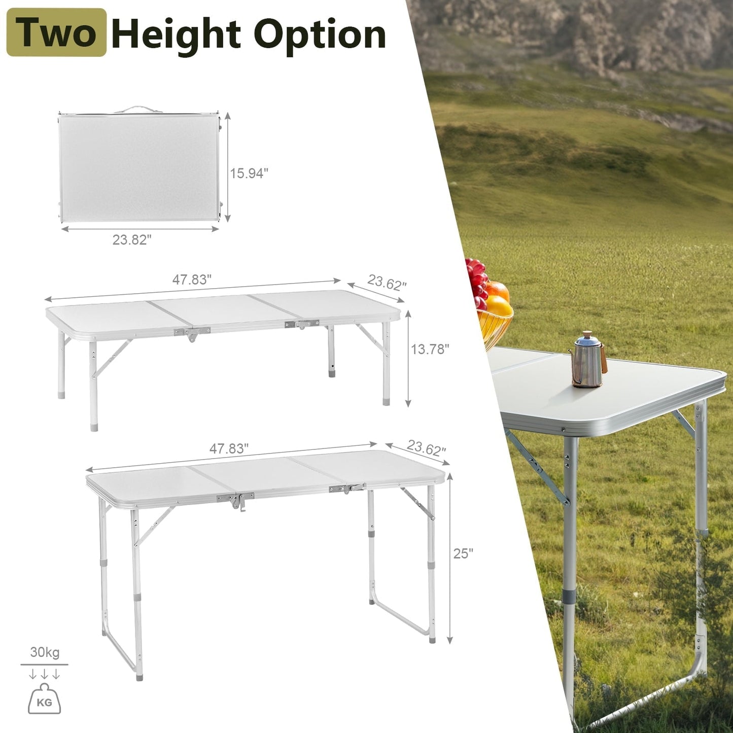 4ft Camping Folding Table, Aluminum Portable Picnic Table with Adjustable Height, 3 Fold Lightweight Outdoor Table for Indoor Travel Beach and Party