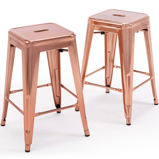 24 Inch Metal Bar Stools Set of 2, Stackable Backless Industrial Stools for Indoor Outdoor Kitchen Dining Patio Garden Classroom (Rose Gold)