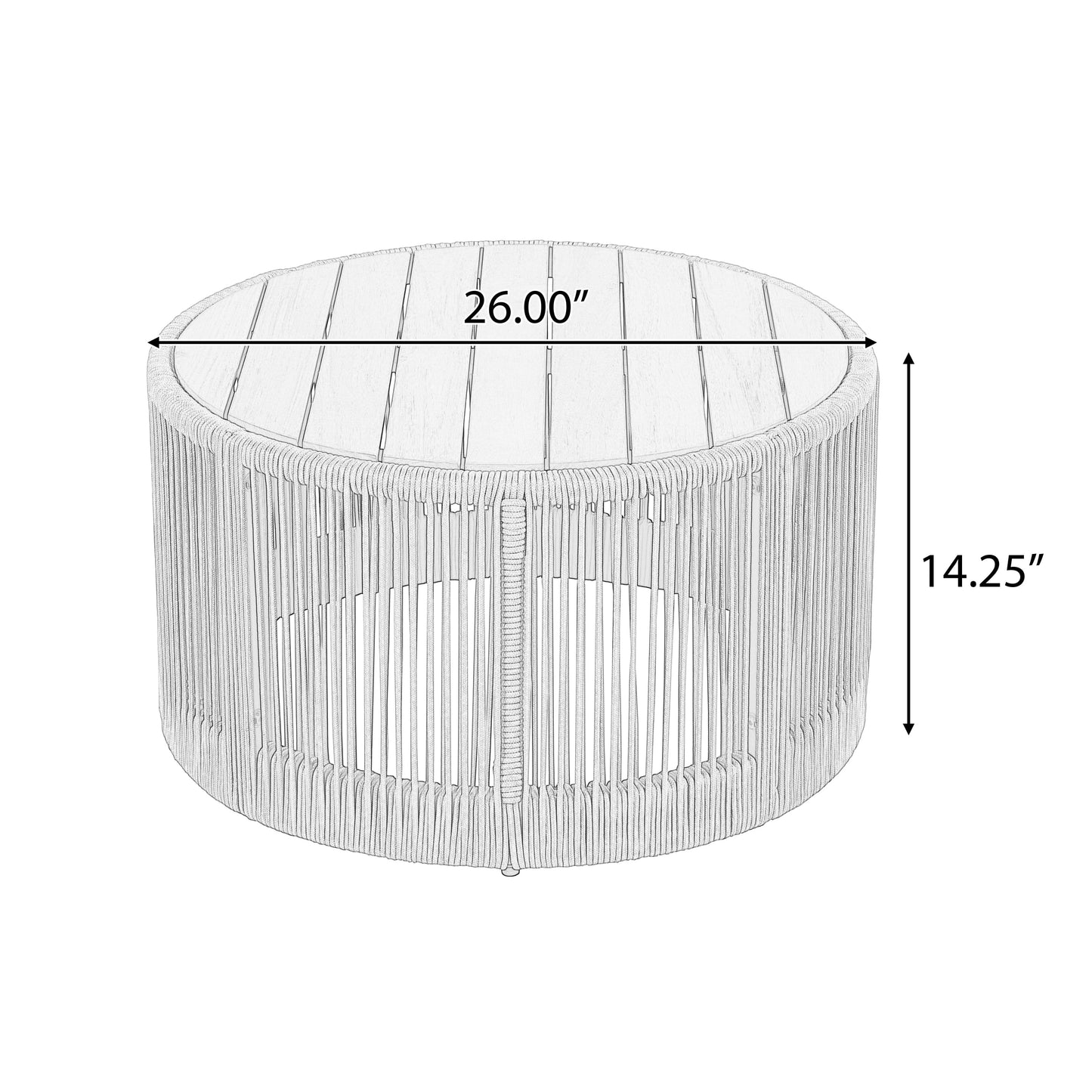 26" Round Acacia Wood Coffee Table with Grey Rope Accents, Rustic Outdoor Patio Table for Garden & Balcony