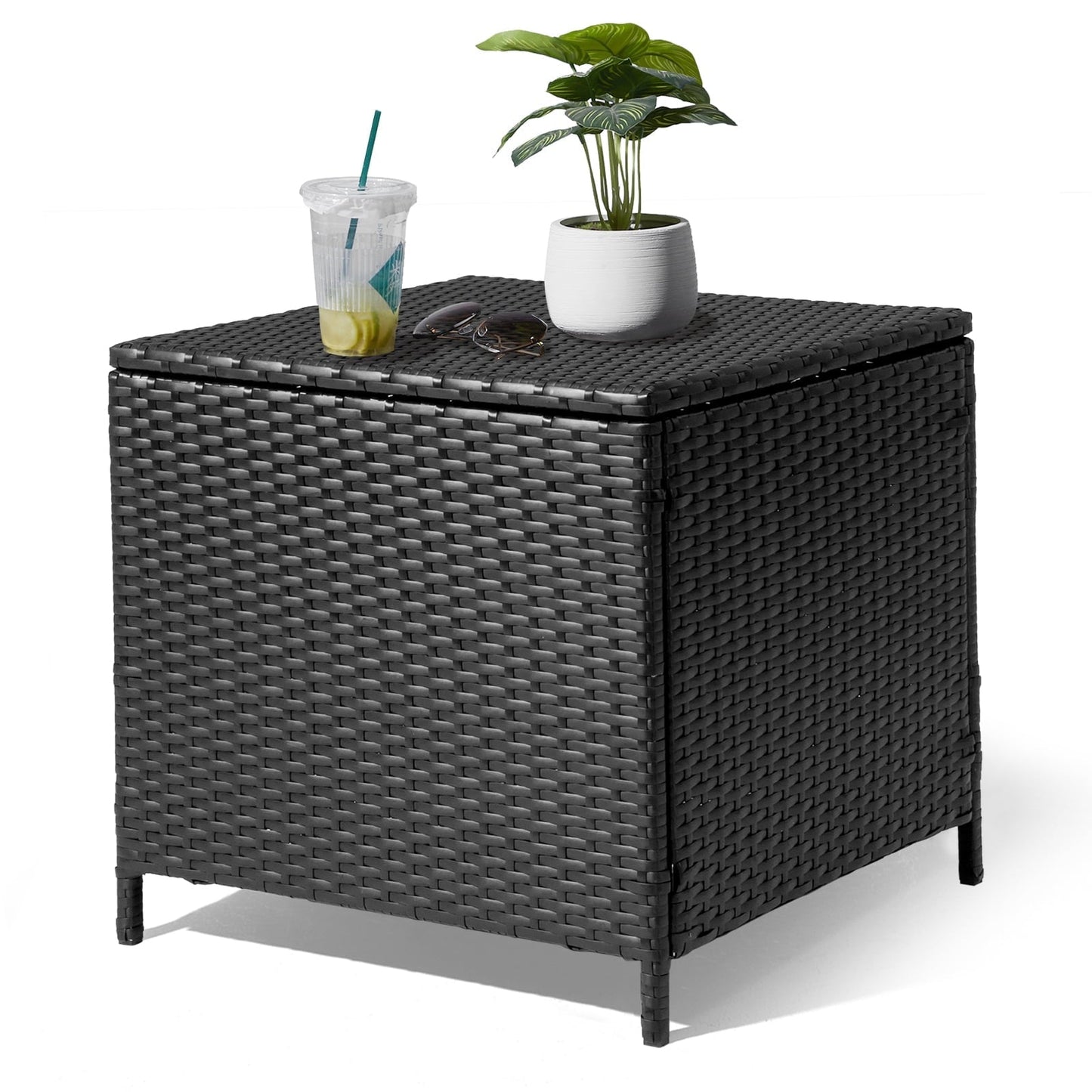 27-Gallon Outdoor PE Wicker Side Table with Storage, All-Weather, Dual-Function, Steel Frame, Black