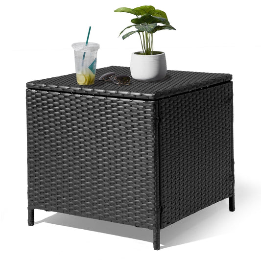 27-Gallon Outdoor PE Wicker Side Table with Storage, All-Weather, Dual-Function, Steel Frame, Black