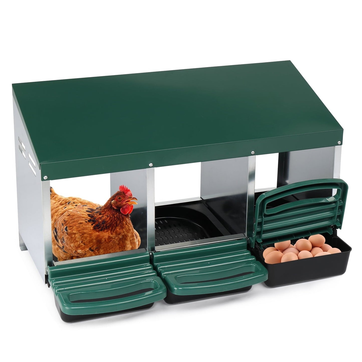 3 Compartment Roll Out Chicken Nesting Box w/ Plastic Basket - Steel Frame 31.9x20.1x18.5in（Green）