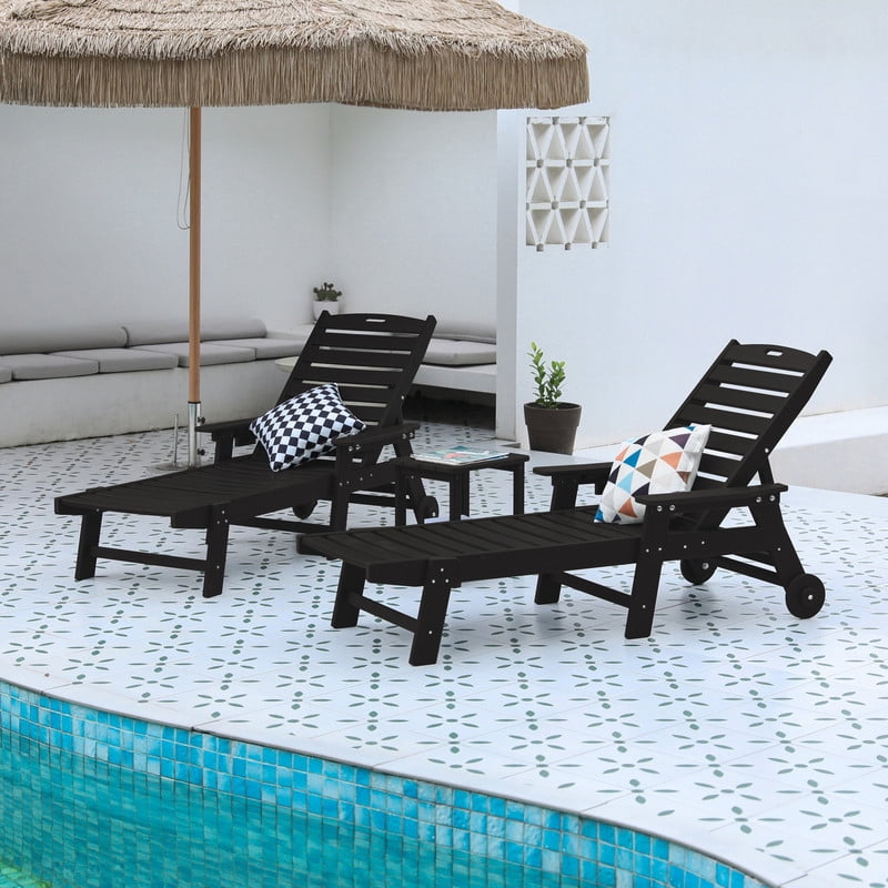 3-Piece HDPE Outdoor Chaise Lounge Chair Set with Wheels, 5-Position Backrest & Table, All-Weather