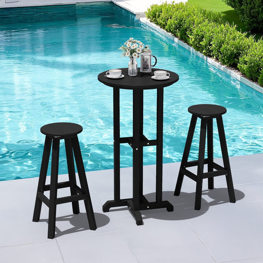 3-Piece Outdoor Bar Set – Weather-Resistant HDPE Bistro Furniture with Bar-Height Table & 2 Swivel Stools for Patio, Poolside, or Indoor Use,Black