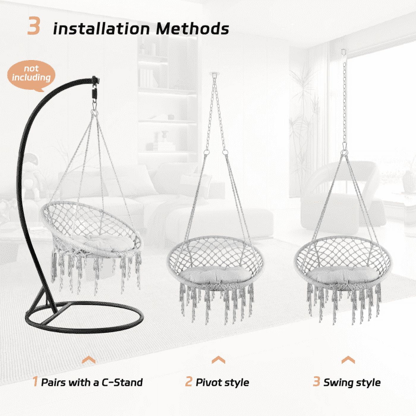 Gray Hanging Chair, Gentle Support Cushion, Breathable Seat, Rust-Resistant Steel, Lightweight 11.7 lbs, Hanging Cotton Rope Chair, Kids Room, Bedroom, Courtyard, Lawn