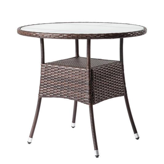 31.5" Patio Table for 4-Person, Outdoor Patio Wicker Round Dining Table, All-Weather Rattan Bistro Dining Table w/Glass Tabletop for Backyard Deck Porch Poolside, Brown