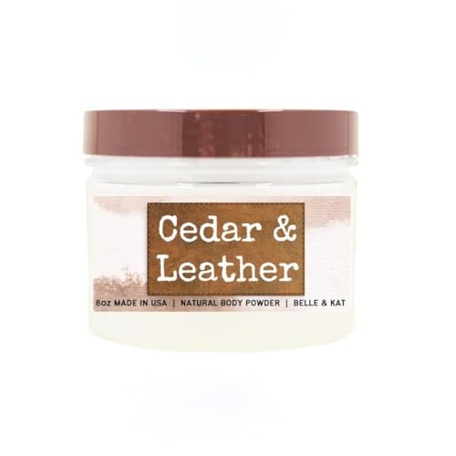 Cedar Leather Scented Body Powder for Men & Women, Perfume Dusting Powder, Bath Powder with Fragrance & Essential Oils, Talc Free 8oz Container, Made in USA