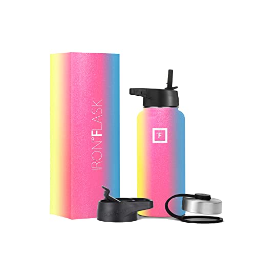 IRON °FLASK Camping & Hiking Hydration Flask, Wide Mouth, 3 Straw Lids, Stainless Steel Outdoor Water Bottle, Double Walled, Insulated Thermos, Metal Canteen - Rainbow, 32 Oz