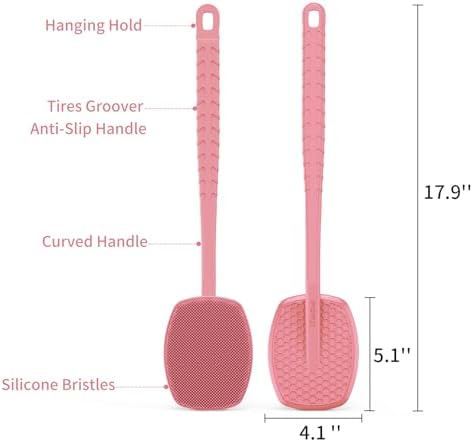 iTokGoK® All New Premium Silicone Back Scrubber with Tire Anti-Slip Long Handle for Shower, Gentle Exfoliating and Massage Brush Scrubber for Sensitive Skin for Men and Women (Pink)
