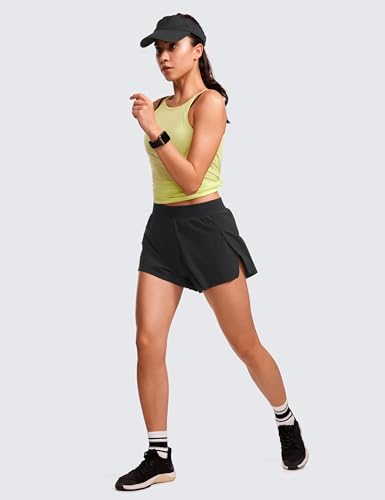 CRZ YOGA Running Shorts for Women High Waisted V Split Gym Workout Athletic Track Shorts with Mesh Liner Quick Dry Black Medium