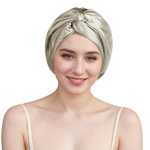 100% Mulberry Silk Bonnet for Women Hair Care, Grade 6A Silk Sleeping Cap - Stay On All Night Hair Wrap for Sleeping (Apricot/06, One Size-Medium)