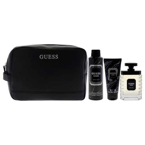 Guess Uomo for Men - 4 Pc Gift Set 3.4oz EDT Spray, 6oz Deodorizing Body Spray, 3.4oz Shower Gel, Pouch