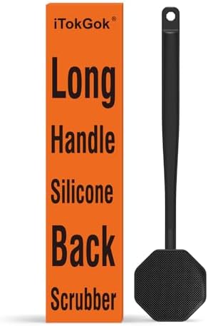 iTokGoK® Premium Silver-Infused Silicone Back Scrubber with Long Handle Back Brush for Shower,Back Brush Long Handle for Men and Women,Ergonomic No-Slip Handle, Long-Lasting (Black)