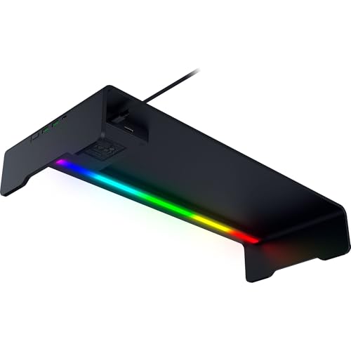 Razer Monitor Stand Chroma: 4 Port Hub - USB A 3.2, USB C 3.2, HDMI 2.0 - Ergonomic Height - Durable Aluminum Supports Up to 44 lbs - Organize Storage Shelf - Remappable RGB Buttons - Chroma RGB