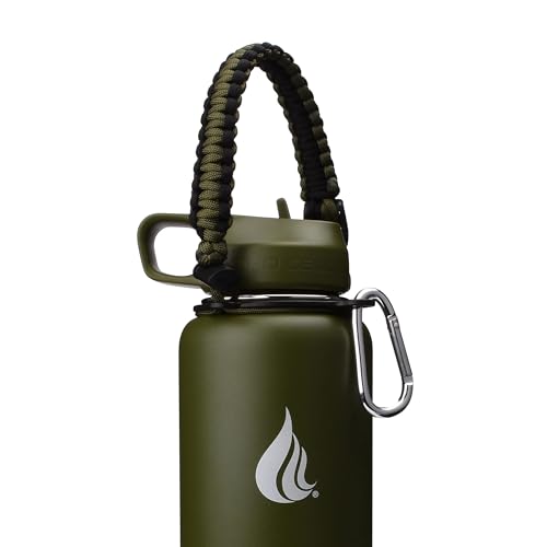 HYDRO CELL Paracord Handle for Wide Mouth Water Bottles - Carrier Strap w/Attachment Ring and Carabiner Accessory. Compatible w/ 64oz, 40oz 32oz, 24oz, 18oz, 14oz Insulated Bottles (Navy/White)