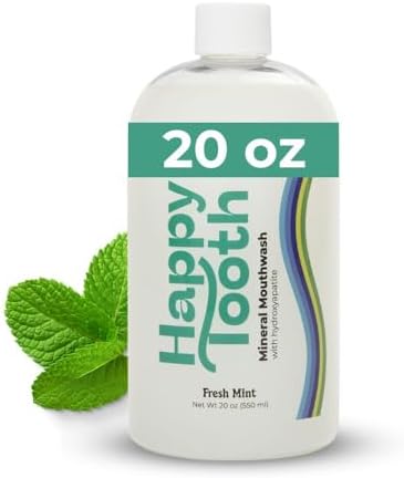 Happy Tooth Hydroxyapatite Mouthwash, Fluoride Free, Teeth Whitening, Remineralizing for Enamel Strength, Fresh Breath, Oral Microbiome Support, Dentist Formulated, Gentle Care, Fresh Mint, 20 Fl Oz