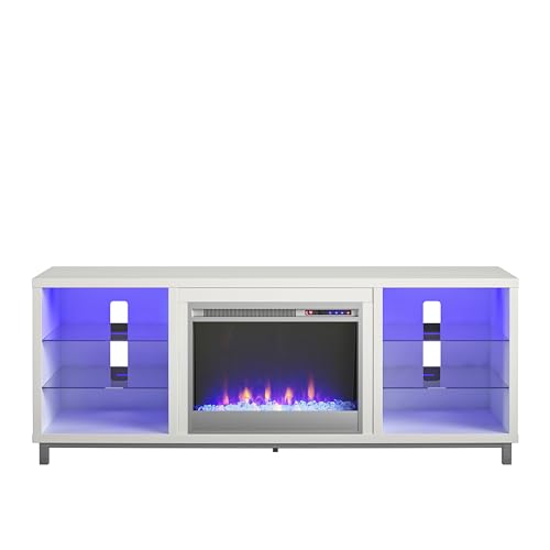 Ameriwood Home Lumina Fireplace TV Stand for TVs up to 70 Inch, Replaceable Electric Fireplace Insert Heater, Remote Control, Timer, Color Changing LED Lights, Crystal Ember Flames, White