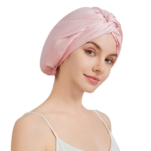 100% Mulberry Silk Bonnet for Sleeping Women, 22 Momme Grade-6A Double Layer Silk Hair Wrap With Elastic Band Stay On Head All Night(1PCS,Pink)