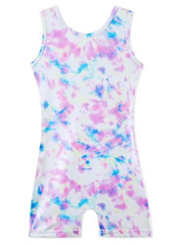 HOZIY Girls Leotards for Gymnastics With Shorts Kids 5t Size 5-6 Years Dance Clothes Biketards Sparkle Tie Dye White
