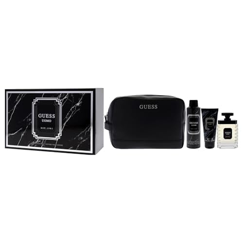 Guess Uomo for Men - 4 Pc Gift Set 3.4oz EDT Spray, 6oz Deodorizing Body Spray, 3.4oz Shower Gel, Pouch