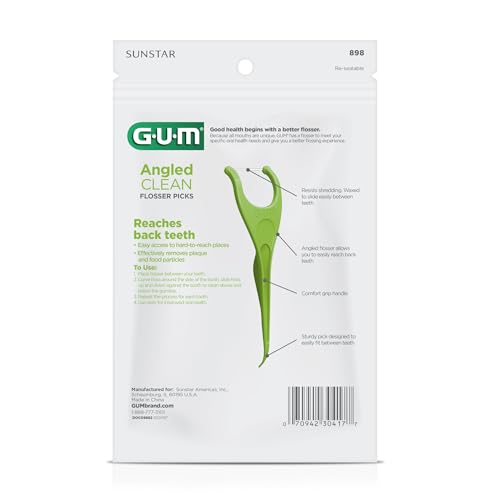 GUM Angled Floss Picks, Perfect for Tight Teeth, Extra Strong Shred-Resistant Dental Floss, Angled for Easy Reach, Dental Flossers for Adults, Fresh Mint Flavor, 75ct (4pk)