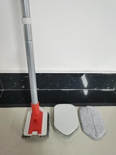 JEHONN Shower Cleaning Brush, Tub Tile Scrubber with Telescopic 51 inches Long Handle, 4 Scrub Heads for Bathroom Bathtub Floor Baseboard Sink Toilet