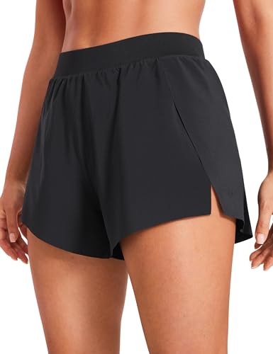CRZ YOGA Running Shorts for Women High Waisted V Split Gym Workout Athletic Track Shorts with Mesh Liner Quick Dry Black Medium