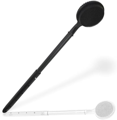 24 Inches Adjustable Bath Brush Long Handle for Shower，Dual-Sided Silicone Back Scrubber for Shower Exfoliating & Massage - Perfect for Elderly, Disabled, Limited Arm Movement (Black)