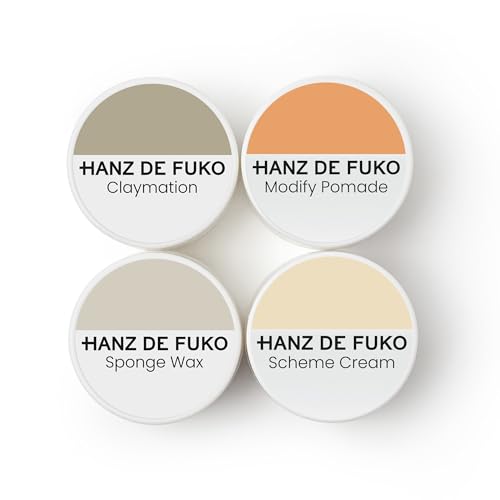Hanz de Fuko Deluxe Hair Care Kit – Super Styling Sampler Featuring Claymation, Sponge Wax, Modify Pomade, Scheme Cream – Ideal Texture Products for All Hair Types – 4 pack, Travel Size (0.25 oz Each)