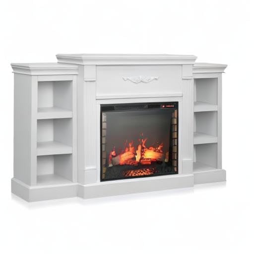 BELLEZE Modern 70" Electric Fireplace Heater Mantel TV Stand & Media Entertainment Center for TVs up to 68" with Energy-Efficient Heater with Sound and Side Book Shelves - Lenore (White)