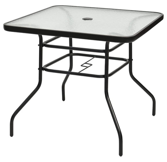 32'' Patio Table with Umbrella Hole, Outdoor Bistro Table w/Tempered Glass Top & Sturdy Metal Frame, Square Patio Dining Table Coffee Table for Garden, Balcony, Poolside