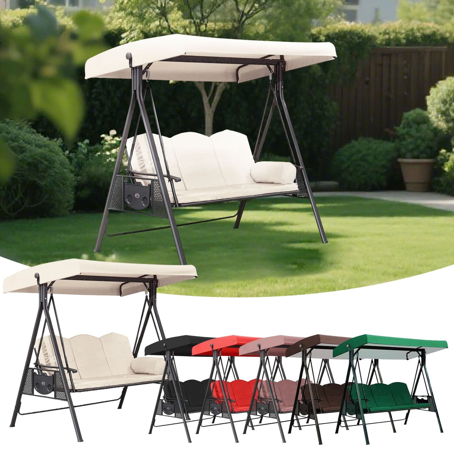 3-Seat Outdoor Patio Porch Swing with Adjustable Tilt Canopy (Excluding iron frame chairs Cushions and Pillow）Black